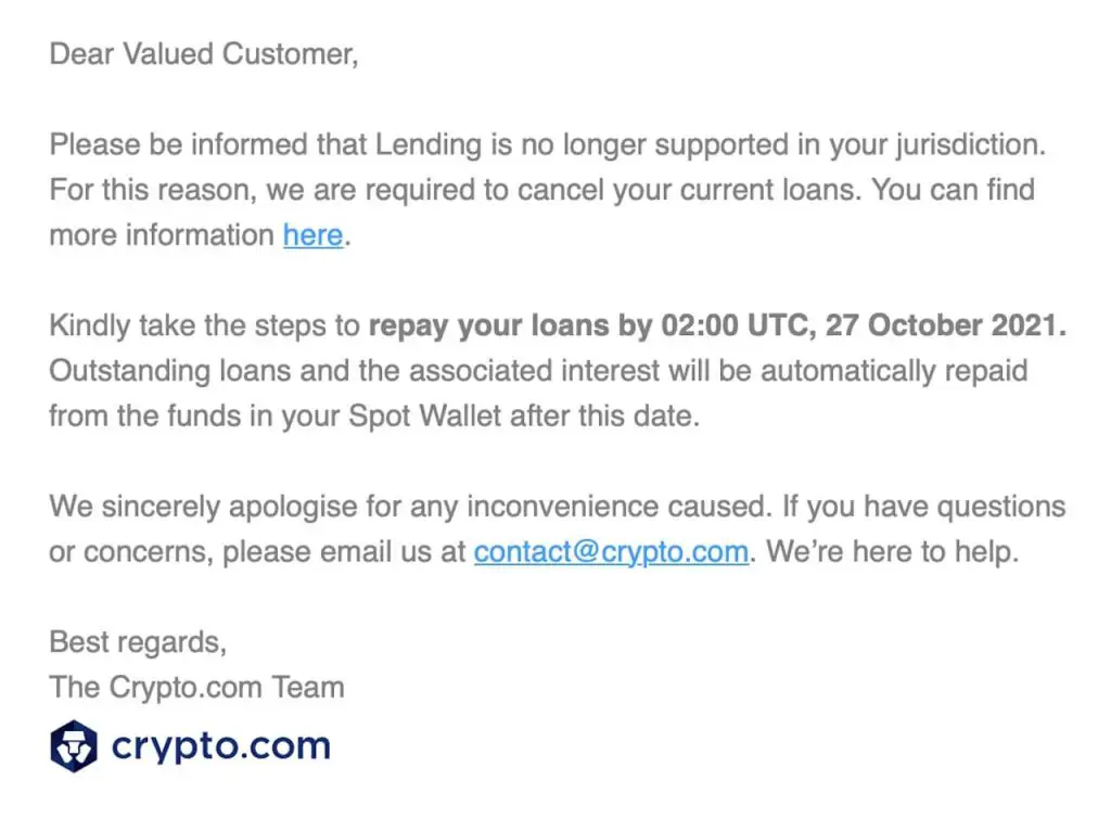 Copia dell'email che informa della sospensione del servizio Crypto Credit